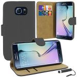 Samsung Galaxy S6 Edge - Premium Leather Book Wallet Case Cover Pouch + Screen Protector With Microfibre Polishing Cloth + Touch Screen Stylus Pen (Black)