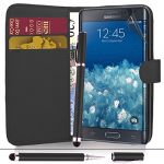 Samsung Galaxy Note Edge - Premium Leather Wallet Flip Case Cover Pouch + Screen Protector With Microfibre Polishing Cloth + Touch Screen Stylus Pen (Black)