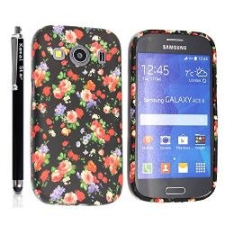  Samsung Galaxy Ace 4 SM-G357 / G357FZ Gel Rubber Silicone Protection Case Cover +STYLUS (Flowers Roses on Black)