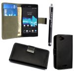 Sony xperia l s36h c2105 black card pocket pu leather magnetic book flip case cover pouch + free stylus