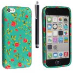 FOR APPLE IPHONE 5 5S SILICONE GEL PROTECTION SKIN CASE COVER + FREE STYLUS (Pink Flower on Green)