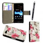 FOR SONY XPERIA J ST26i PREMIUM QUALITY PU LEATHER MAGNETIC FLIP CASE COVER POUCH + SCREEN PROTECTOR +STYLUS (Pink Flower on White Book Flip)