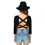 Womens Solid Cropped Cut Corset-style Strappy Back 3/4 Sleeve T Shirt Tops (UK10/CN L, Black)