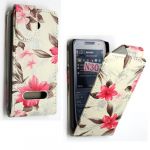 VARIOUS DESIGNS STYLISH PU LEATHER SECURE MAGNETIC FLIP POUCH CASE COVER FOR NOKIA 301 / N301 (Pink Flower on White Flip)