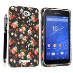 For Sony Xperia E4 Silicone TPU Gel Skin Case Cover + Stylus (Flowers Roses on Black)