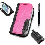 Various Phones Luxury High Quality Premium Leather Card Holder Magnetic Flip Case Cover + Stylus (Samsung Galaxy Fame S6810, Luxury Pink Leather Book)