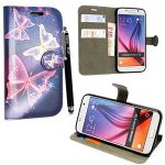 Samsung Galaxy S6 Premium Flip PU Leather Card/Money Pocket Wallet Magnetic Case Cover + Stylus (Blue Butterfly Book)