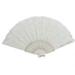 Women White Lace Trim Plastic Ribs Peony Flower Cloth Folding Hand Fan