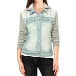 Allegra K Women Layered Hooded Denim Jacket Light Blue M