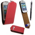 SAMSUNG GALAXY FAME S6810 GENUINE RED LEATHER CARD POCKET HOLDER MAGNETIC FLIP SKIN CASE COVER POUCH + FREE STYLUS
