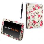 AMAZON KINDLE FIRE HD 7 TABLET PINK FLOWER ON WHITE WITH BUILT IN MAGNET SLEEP/WAKE STANDBY BOOK FOLIO PU LEATHER CASE COVER POUCH +STYLUS