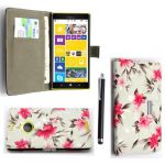 FOR NOKIA LUMIA 1520 PINK FLOWER ON WHITE BOOK PU LEATHER MAGNETIC FLIP CASE SKIN COVER POUCH + STYLUS BY {TM} FOR NOKIA LUMIA 1520 PINK FLOWER ON WHITE BOOK PU LEATHER MAGNETIC FLIP CASE SKIN COVER POUCH + STYLUS BY {TM}