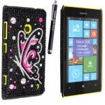 NOKIA LUMIA 520 BUTTERFLY ON BLACK DIAMOND BLING HARD GEM CASE COVER + FREE STYLUS