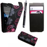SONY XPERIA MIRO ST23i VARIOUS DESIGN CARD POCKET HOLDER PU LEATHER MAGNETIC FLIP CASE COVER POUCH + FREE STYLUS (Two Flowers on Black)