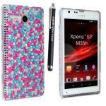 SONY XPERIA SP PINK BLUE SILVER DIAMOND BLING HARD GEM CASE COVER + FREE STYLUS