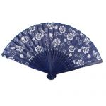 Water & Wood White Rose Pattern Navy Blue Bamboo Ribs Folding Hand Fan for Lady
