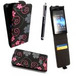 STYLE YOUR MOBILE SONY XPERIA V LT25i VARIOUS DESIGN MAGNETIC FLIP PU LEATHER CASE COVER POUCH + SCREEN PROTECTOR +STYLUS (TWO FLOWER ON BLACK)