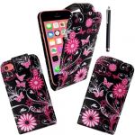 APPLE IPHONE 5C NEW BUTTERFLY CARD POCKET FLIP PU LEATHER CASE COVER POUCH + GUARD + STYLUS