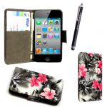 APPLE IPOD TOUCH 4 4TH GEN PINK FLOWER DARK GREY CARD POCKET/MONEY MAGNETIC BOOK FLIP PU LEATHER CASE COVER POUCH + SCREEN PROTECTOR +STYLUS