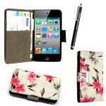 APPLE IPOD TOUCH 4 4TH GEN PINK FLOWER ON WHITE CARD POCKET/MONEY MAGNETIC BOOK FLIP PU LEATHER CASE COVER POUCH + SCREEN PROTECTOR +STYLUS