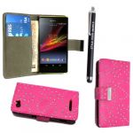 SONY XPERIA M C1905 PINK CRYSTAL DIAMOND BLING CARD POCKET PU LEATHER MAGNETIC BOOK FLIP CASE COVER POUCH + FREE STYLUS