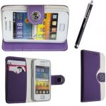 STYLEYOURMOBILE {TM} SAMSUNG GALAXY ACE S5830 PURPLE & WHITE PU LEATHER MAGNETIC BOOK FLIP CASE COVER POUCH + FREE STYLUS