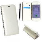 Apple iPhone 5 5S Premium Cutting Edge White Slim Book Flip Leather Wallet Case Cover + Stylus
