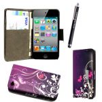 STYLEYOURMOBILE APPLE IPOD TOUCH 4 4TH GEN ULTRA BUTTERFLY PURPLE CARD POCKET/MONEY MAGNETIC BOOK FLIP PU LEATHER CASE COVER POUCH + SCREEN PROTECTOR +STYLUS