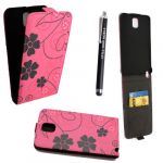 STYLEYOURMOBILE SAMSUNG GALAXY NOTE 3 III N9000 N9005 TWO FLOWERS ON PINK CARD POCKET PU LEATHER MAGNETIC FLIP CASE COVER POUCH + FREE STYLUS