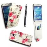 STYLEYOURMOBILE SAMSUNG GALAXY S4 i9500 i9503 PINK FLOWER ON WHITE PU LEATHER CARD POCKET MAGNETIC FLIP CASE COVER POUCH + FREE STYLUS