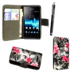STYLEYOURMOBILE SONY XPERIA E PINK FLOWER DARK GREY CARD POCKET/MONEY MAGNETIC BOOK FLIP PU LEATHER CASE COVER POUCH + SCREEN PROTECTOR +STYLUS