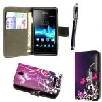 STYLEYOURMOBILE SONY XPERIA E ULTRA BUTTERFLY PURPLE CARD POCKET/MONEY MAGNETIC BOOK FLIP PU LEATHER CASE COVER POUCH + SCREEN PROTECTOR +STYLUS