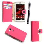 STYLEYOURMOBILE SONY XPERIA SP M35H PINK AND WHITE CARD POCKET/MONEY MAGNETIC BOOK FLIP PU LEATHER CASE COVER POUCH + SCREEN PROTECTOR +STYLUS