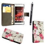 Styleyourmobile sony xperia sp m35h pink flower on white card pocket/money magnetic book flip pu leather case cover pouch + screen protector +stylus